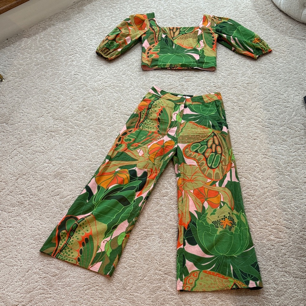 Tropical Green and Orange Wide Leg Jumpsuit